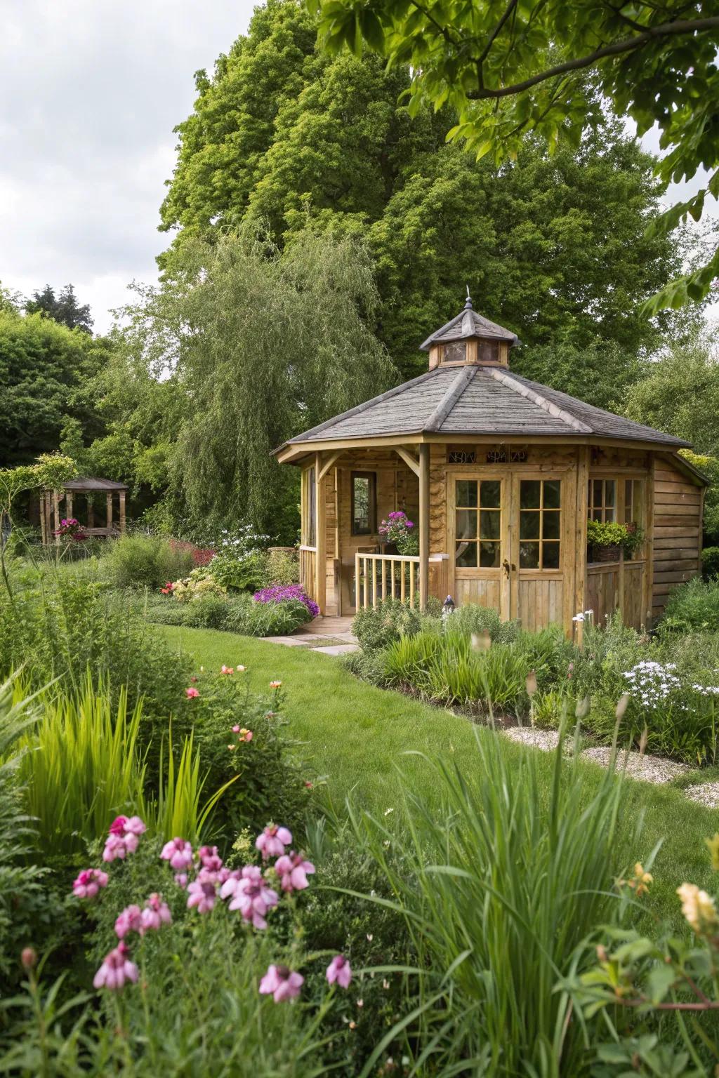 A summer house with a natural timber finish, embracing its rustic charm.