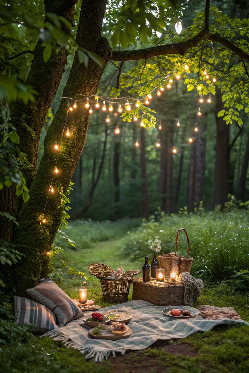A magical forest meal featuring a tranquil, enchanting atmosphere.