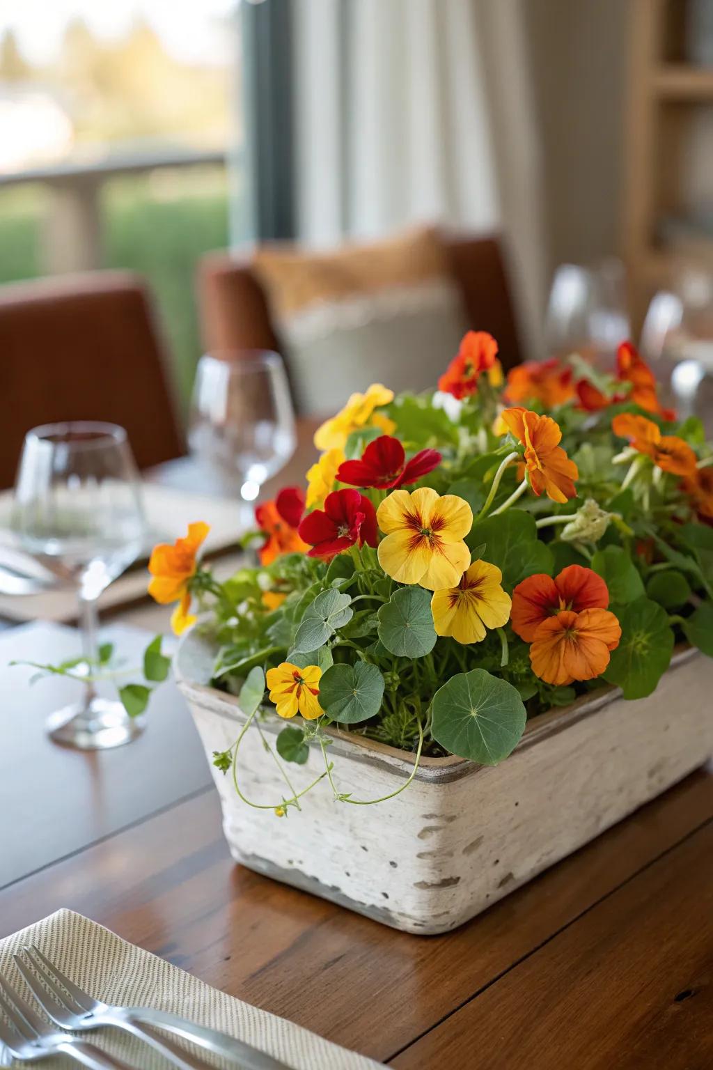 Edible flowers arranged in a decorative planter