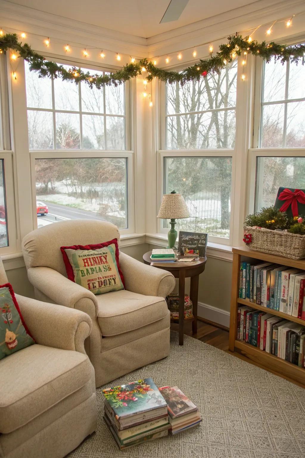 A cozy reading nook provides a peaceful spot in your sunroom.