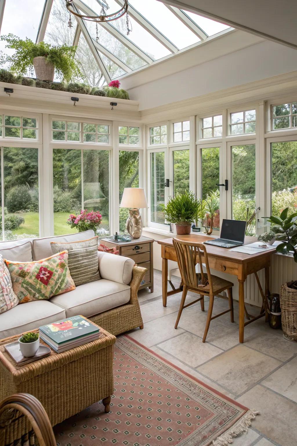 A versatile sunroom designed for multiple activities.