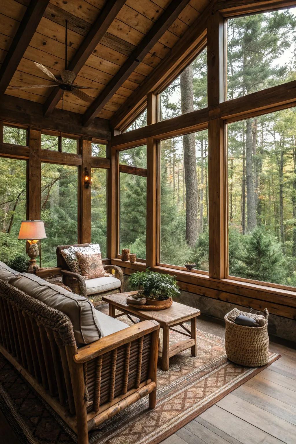 Wooden borders enhance your sunroom with rustic charm.
