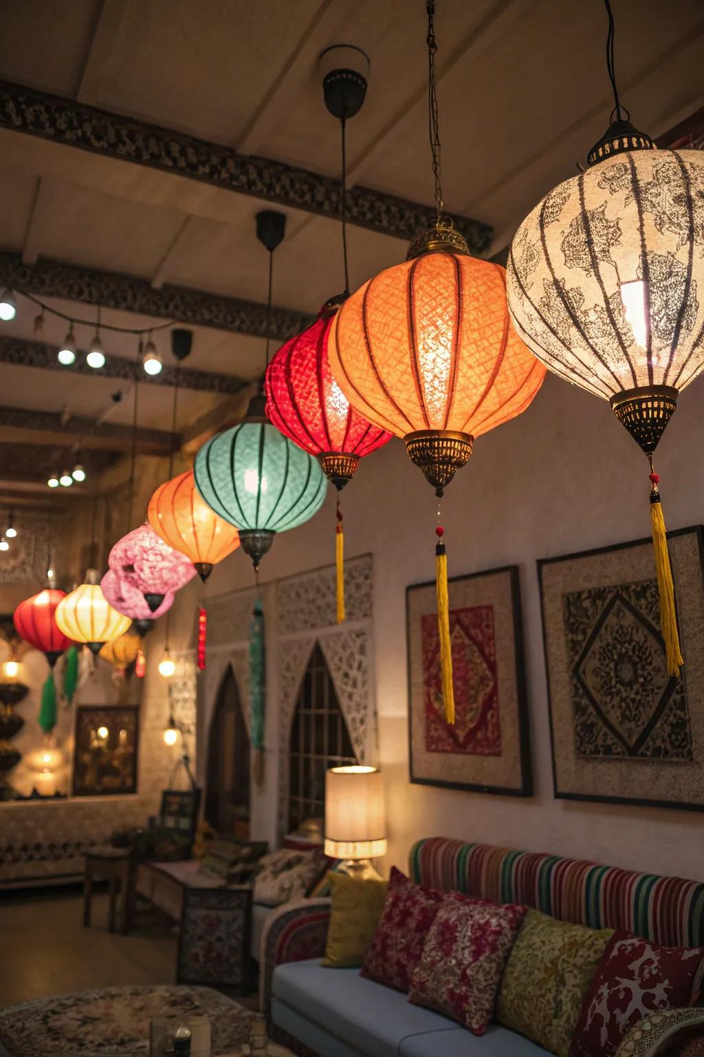 Whimsical lanterns create a playful and vibrant atmosphere.
