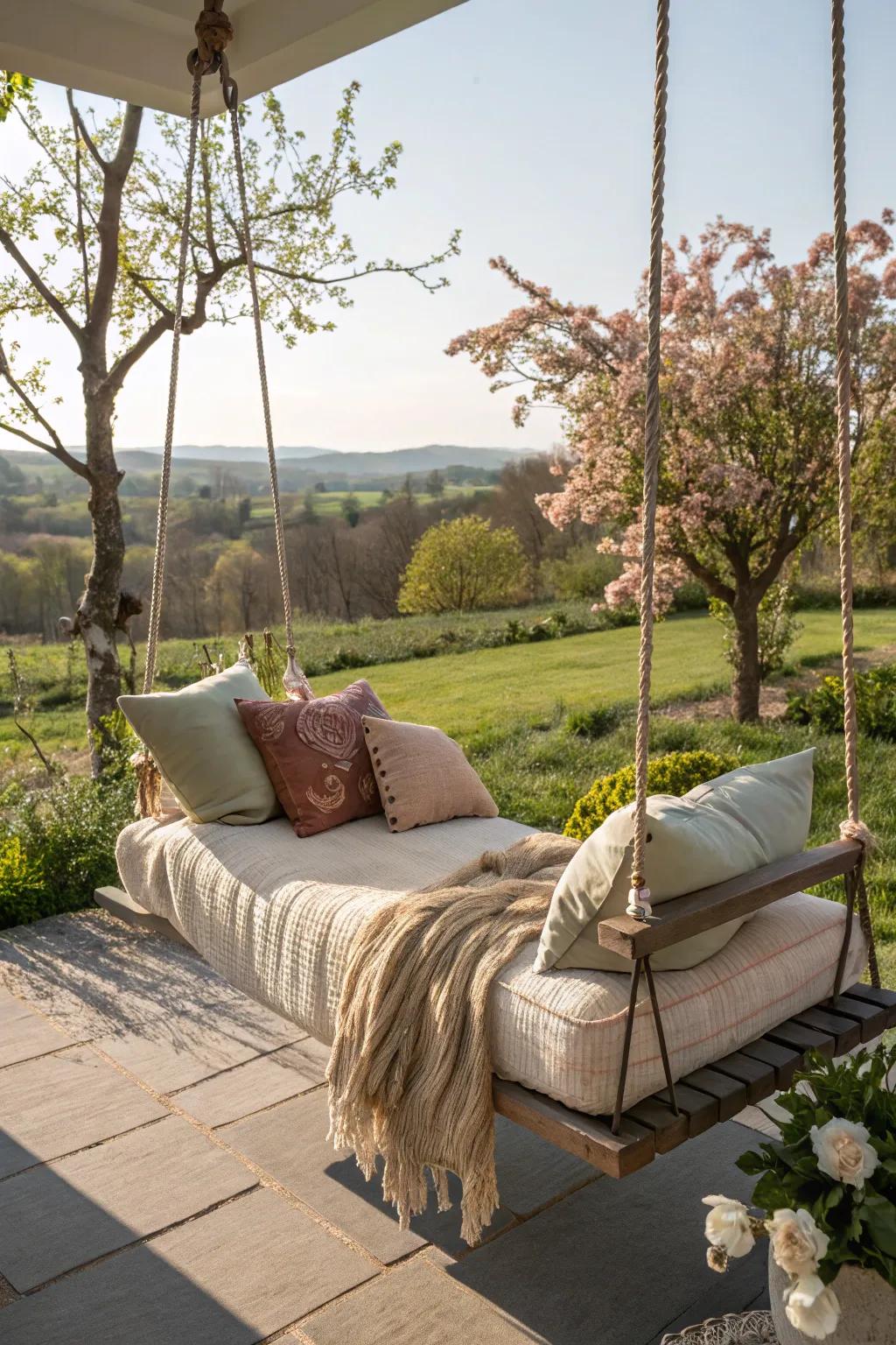 A swing cot furnishes an oasis of comfort and relaxation.