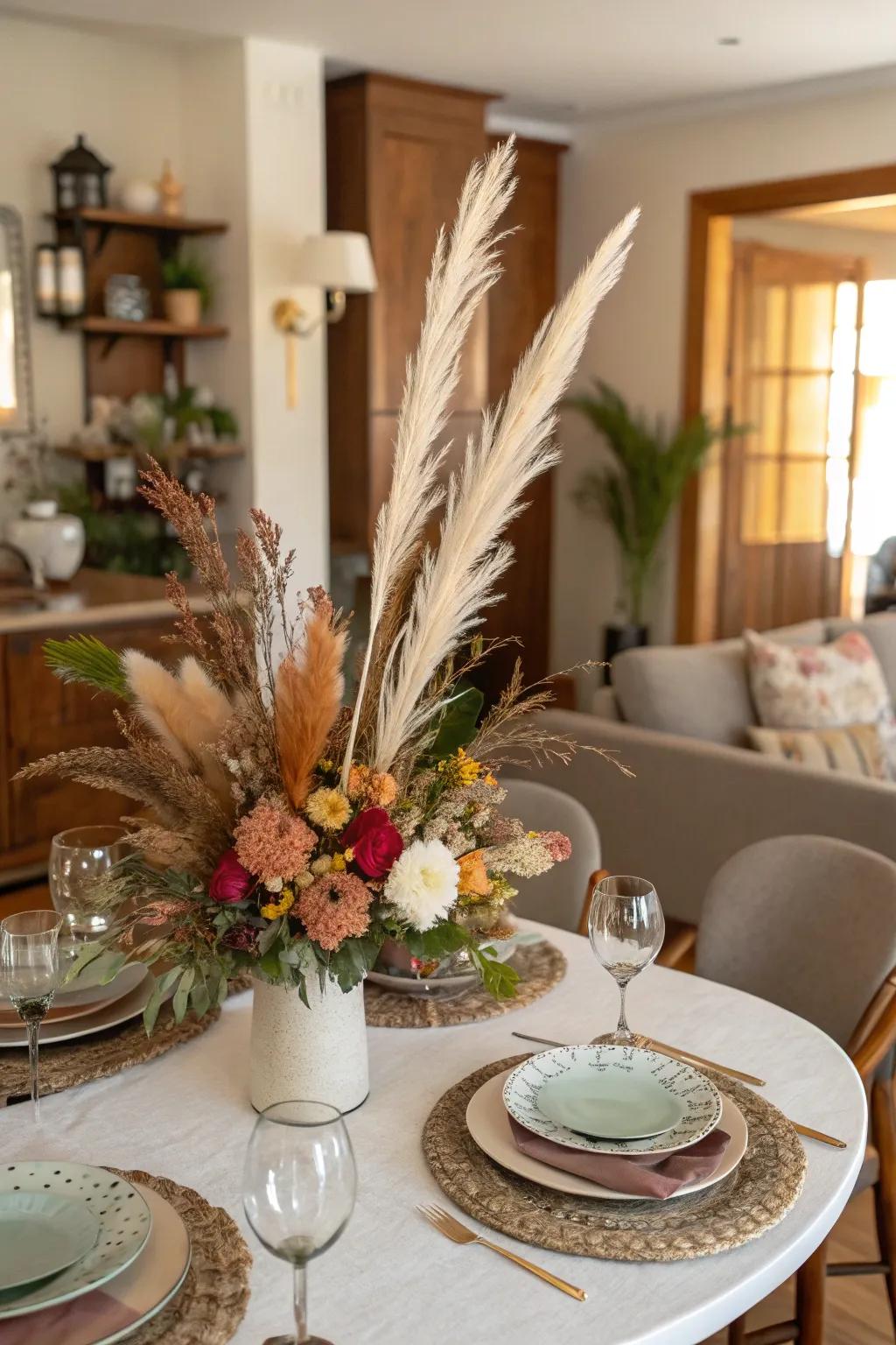 A floral arrangement with unexpected elements for a personal touch.