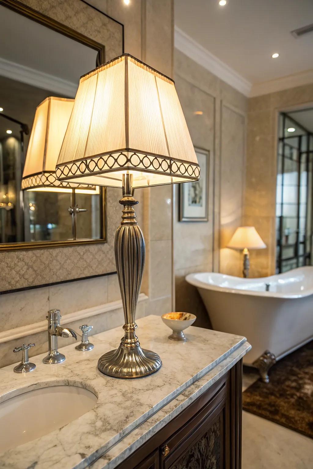 A lavish table lamp adds an unexpected element of elegance to a bathroom.