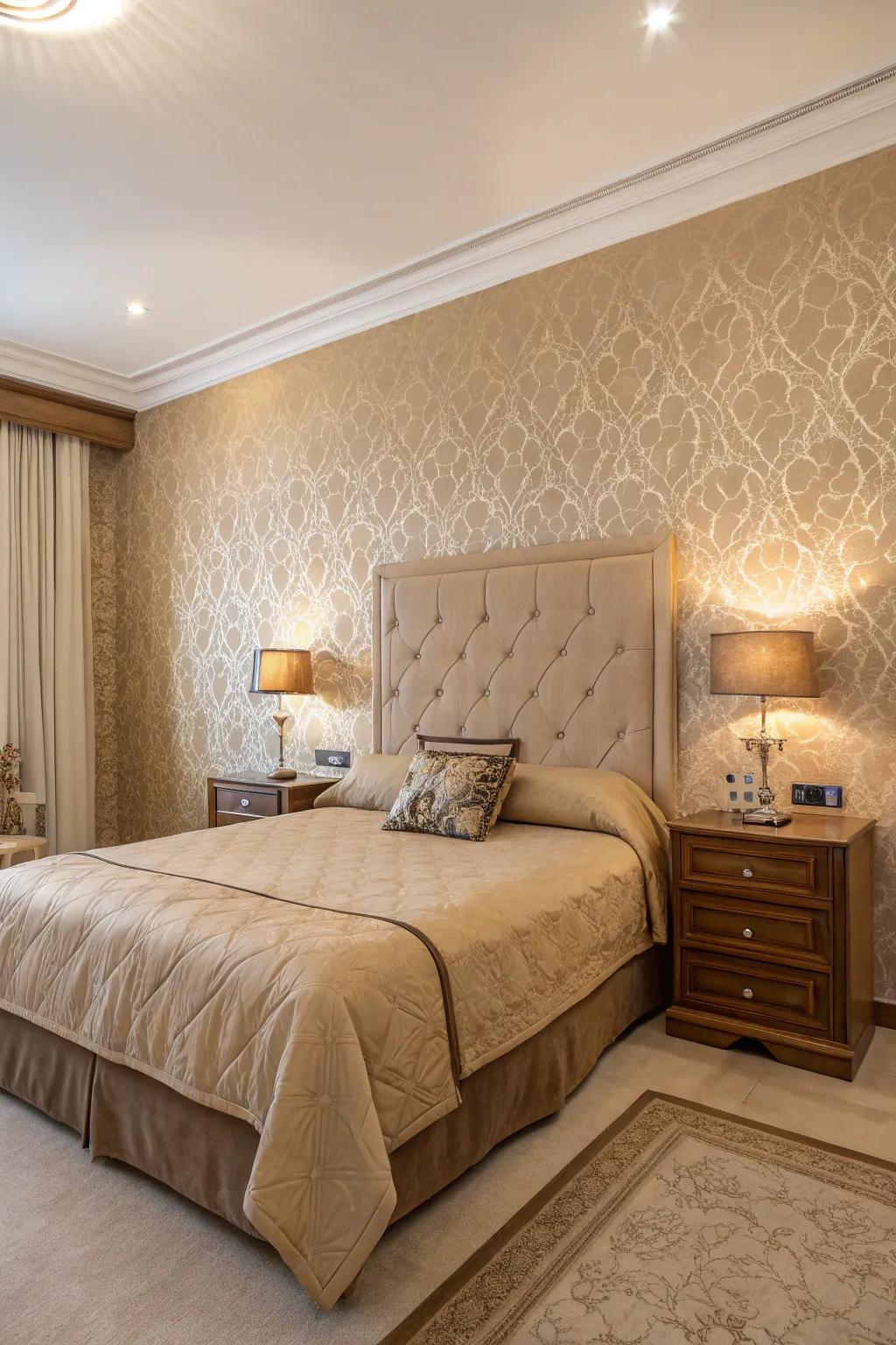 Beige-toned wall covering adds surface and attraction to the area.