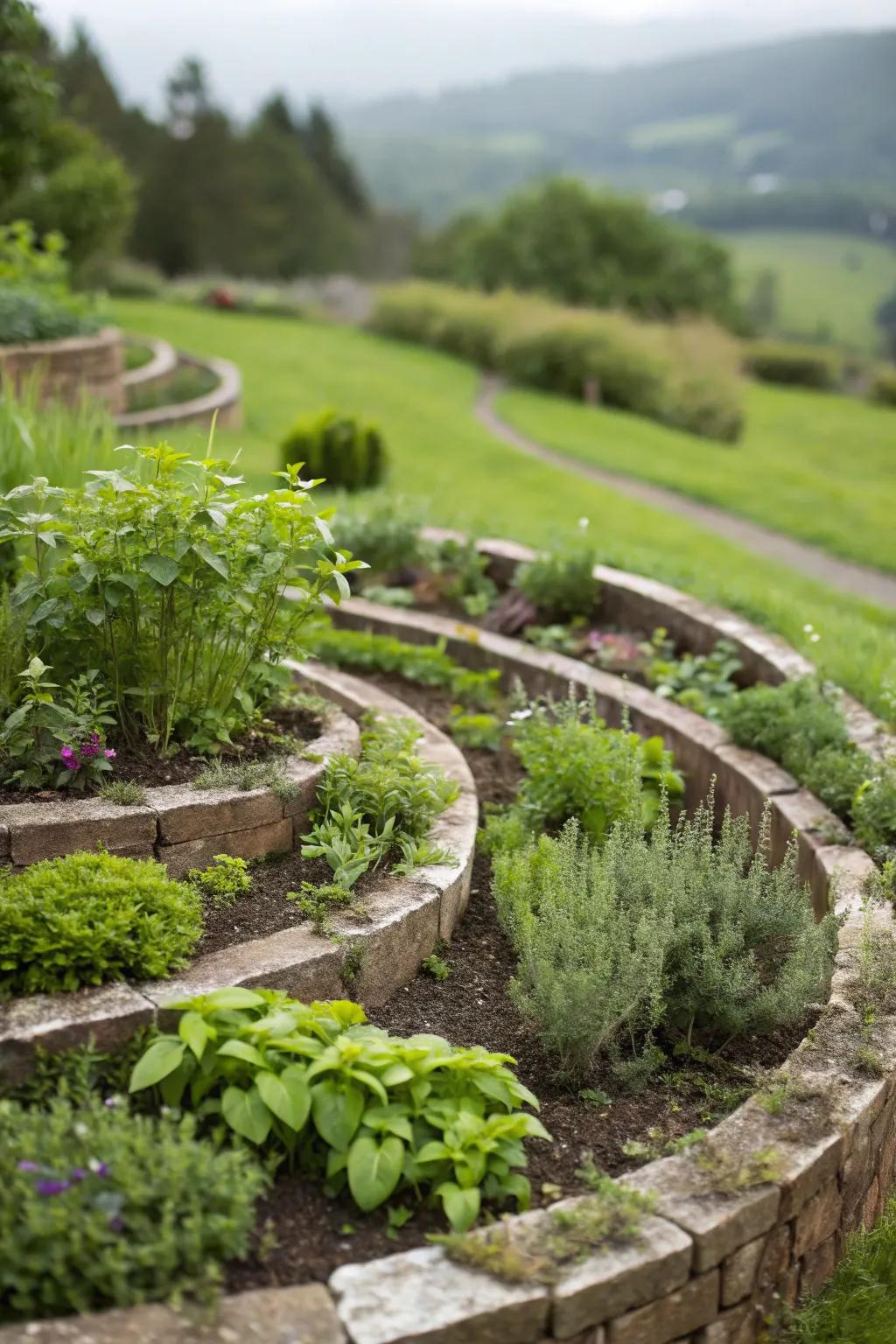 Herb spiral offering a unique and streamlined approach to cultivate your tea plants.