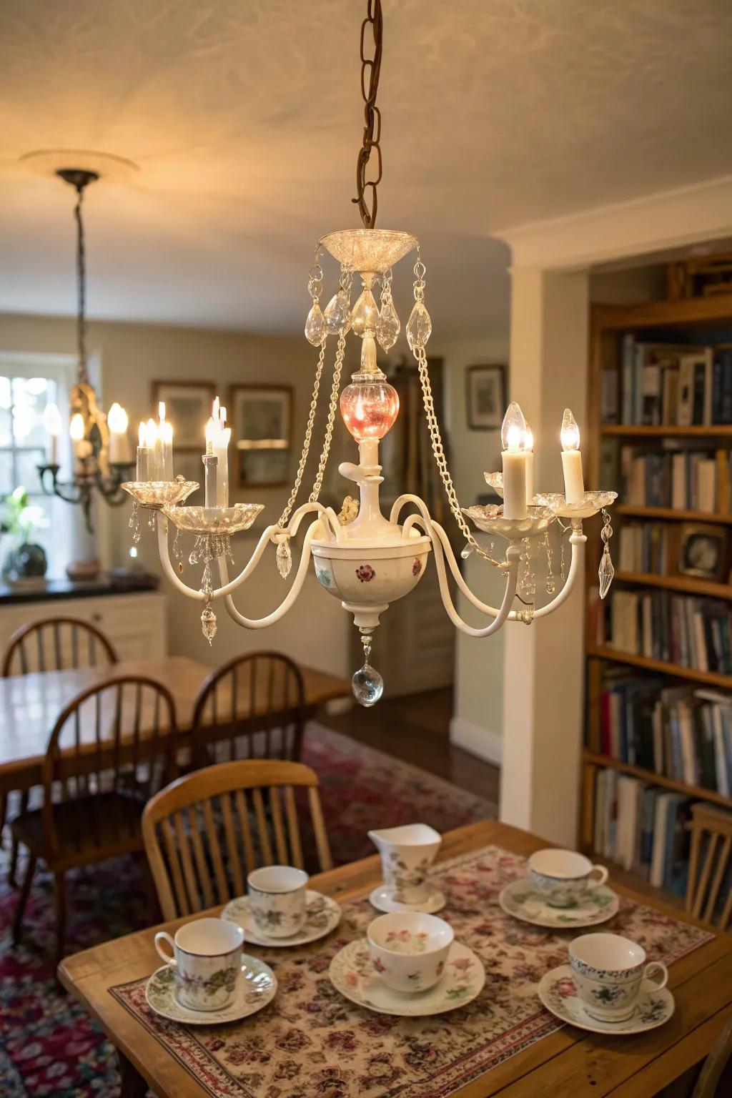 A whimsical light fixture decorated with teacups for a unique touch.