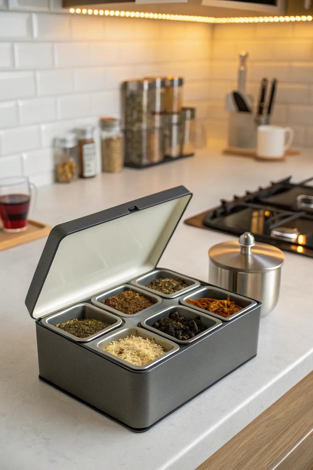 A stylish tea caddy for convenient tea access.