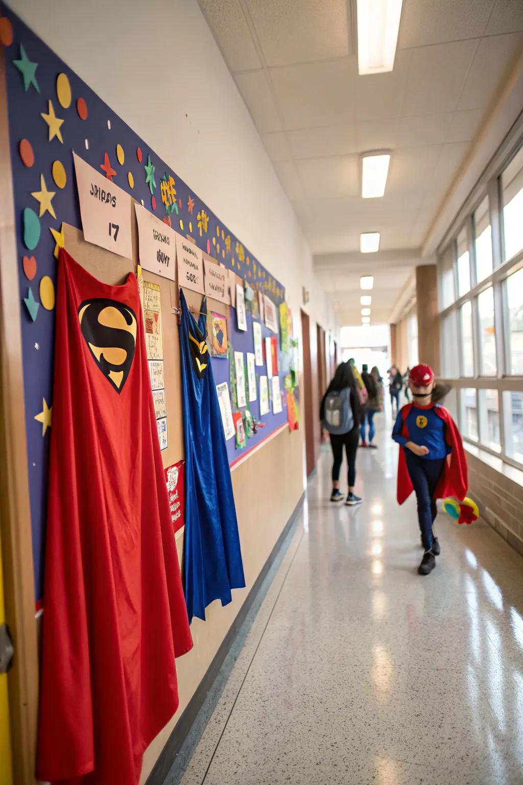 Superhero-themed board celebrating educators' superpowers.