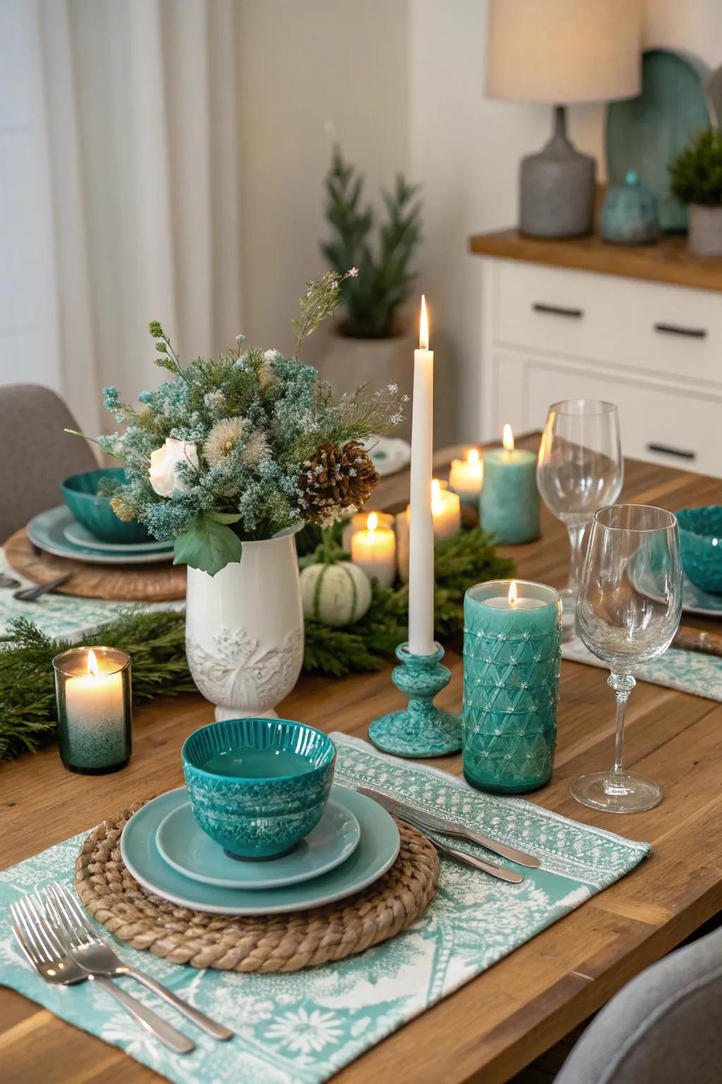 Seasonal teal decor keeps the dining room fresh