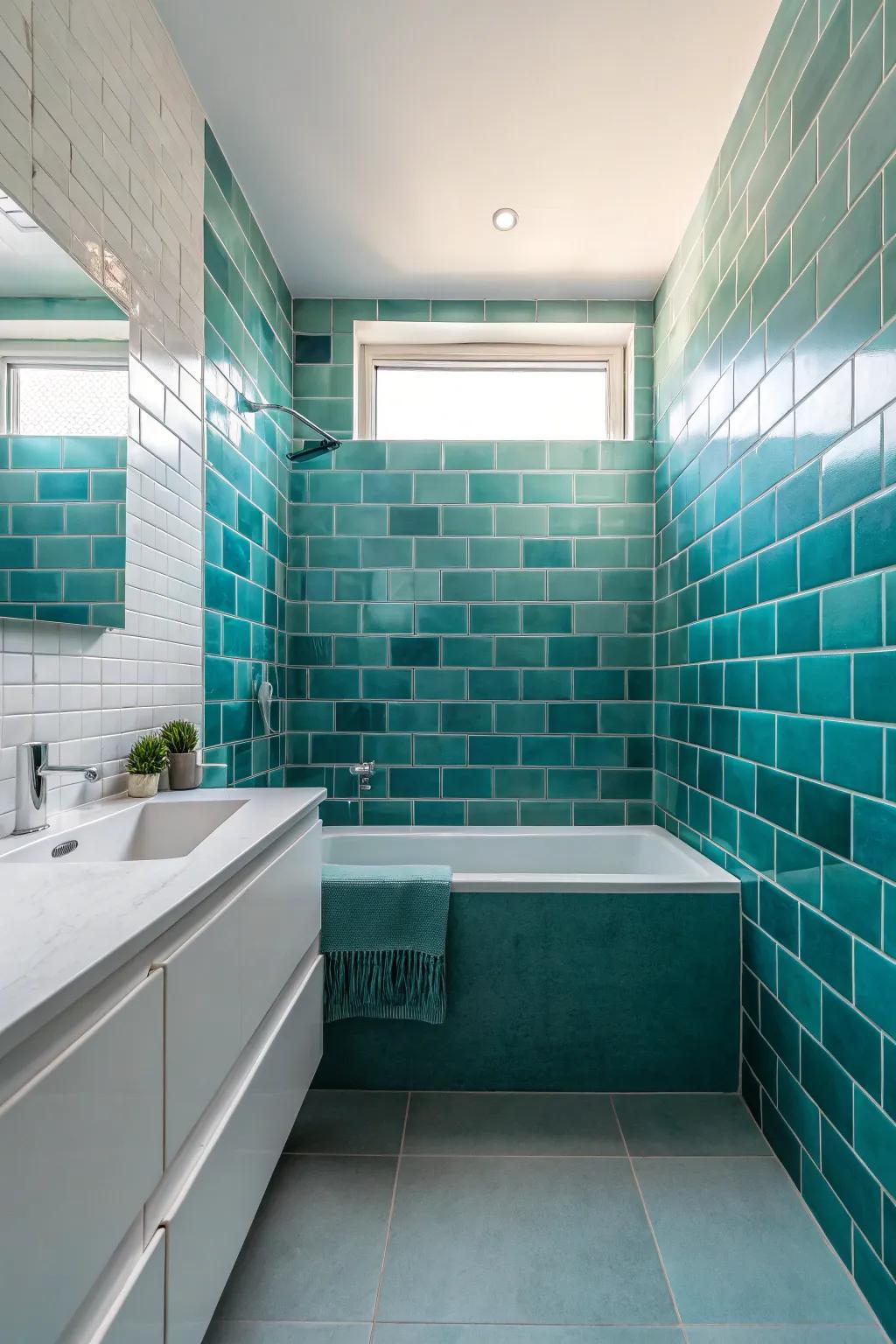 Similar turquoise tiles make a calm, united look.