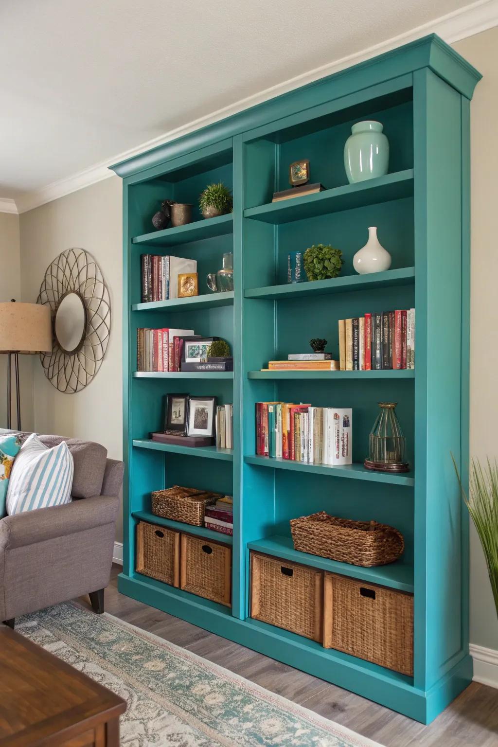 Teal shelves deliver both practicality and a chic splash of color.