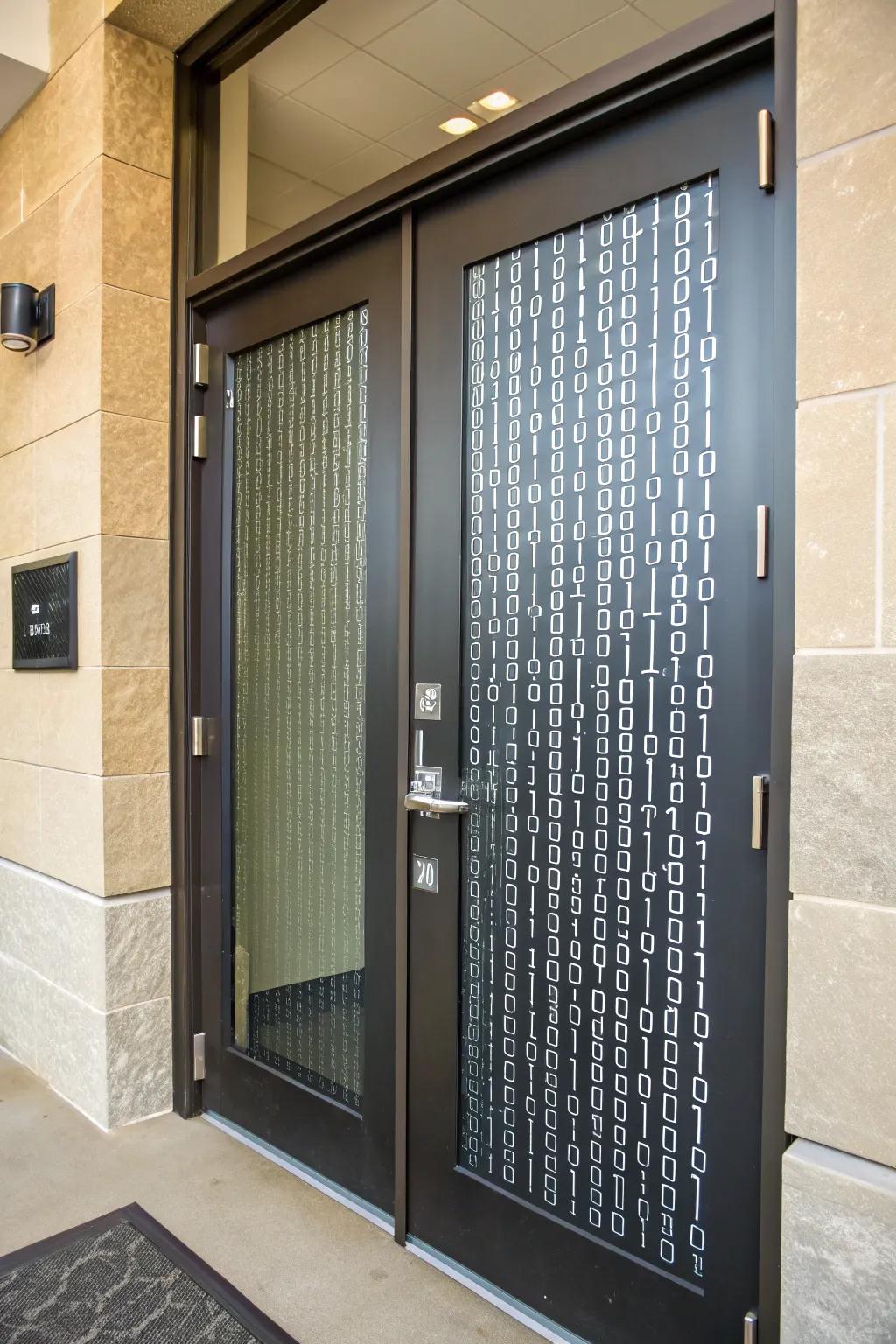 A door featuring subtle digital code designs.
