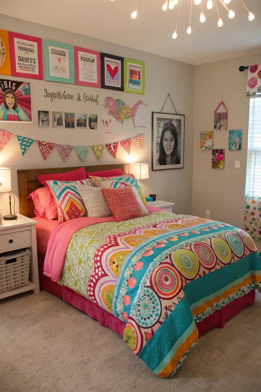Colorful bedding adding vibrancy and reflects personal style in a teen girl's room.