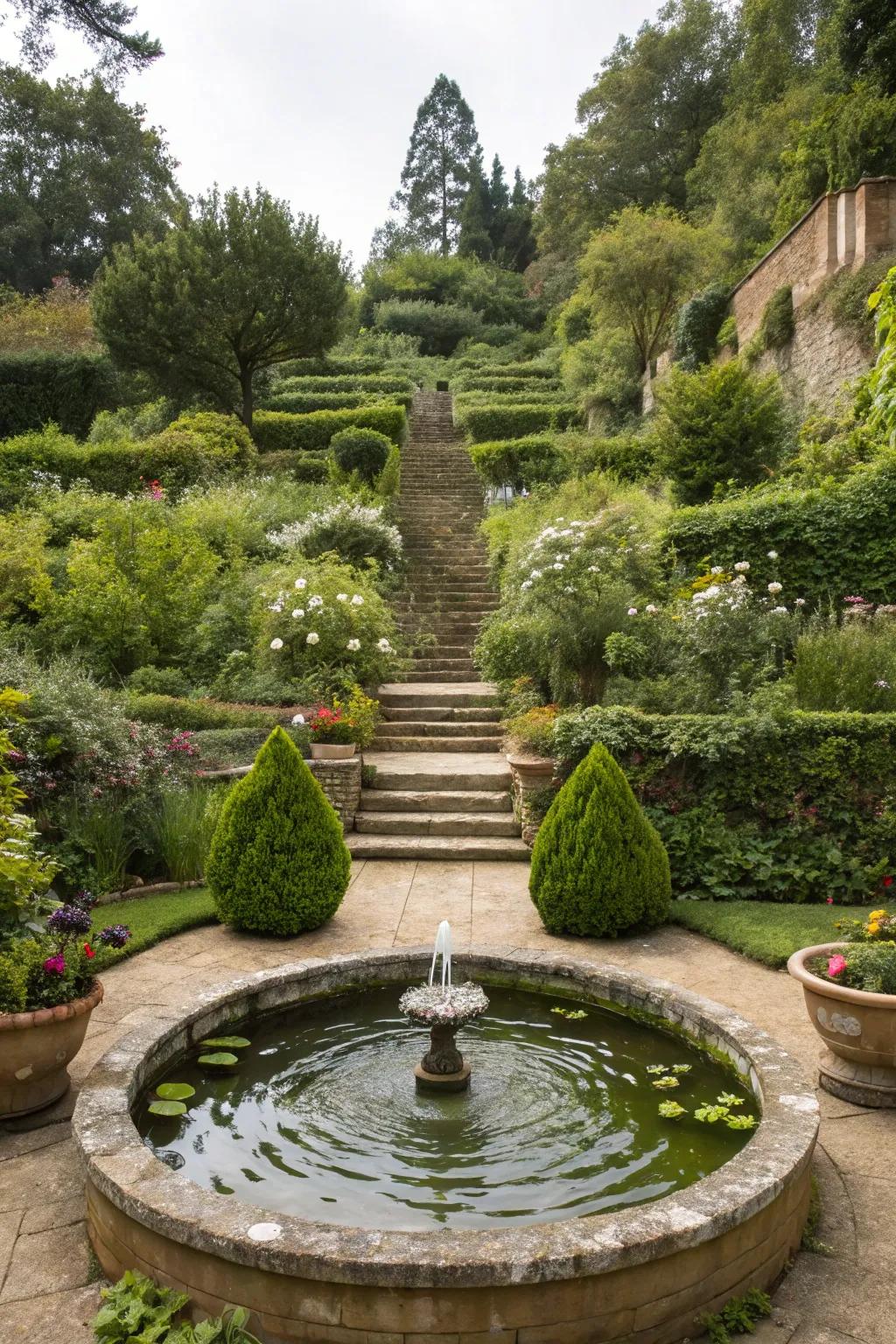 A serene water feature in a terraced garden, creating a calming atmosphere.