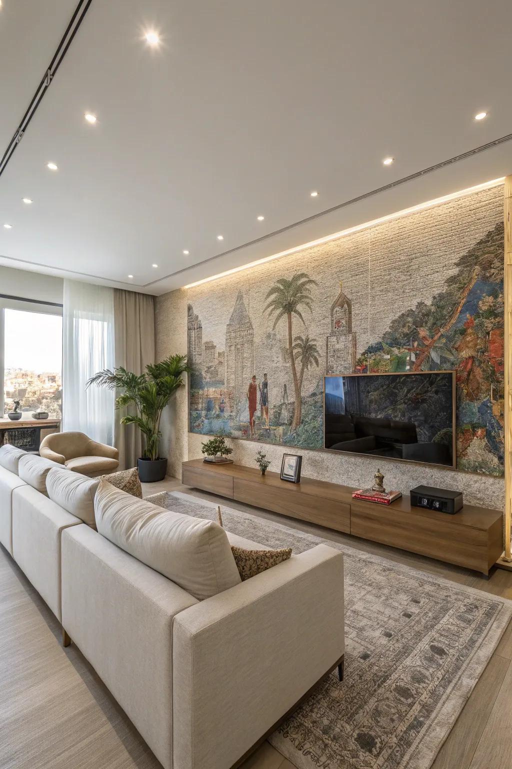 A textured wall mural creates a bold statement in this modern living room.