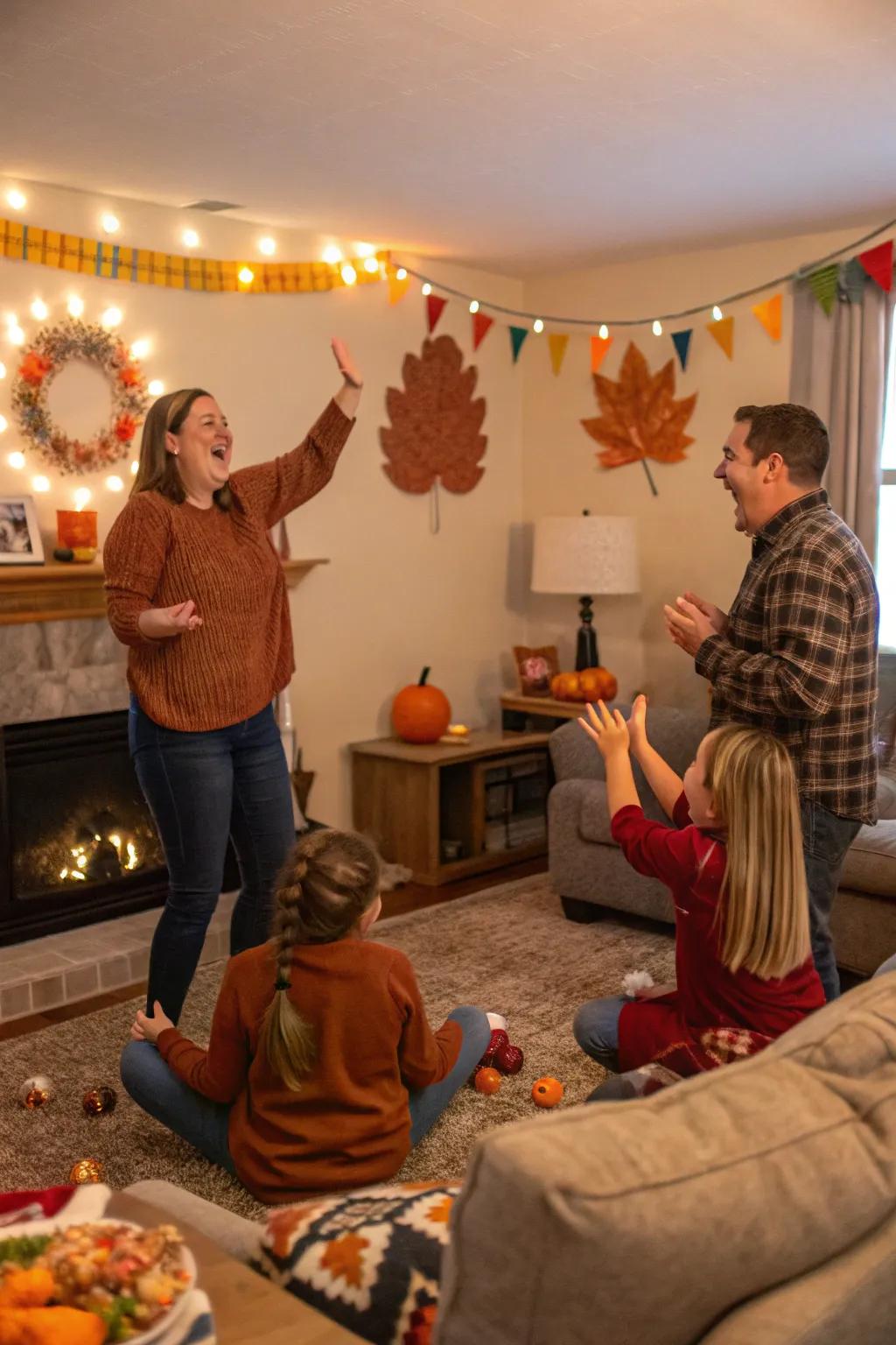 Family relishing a lively match of Thanksgiving pantomime.