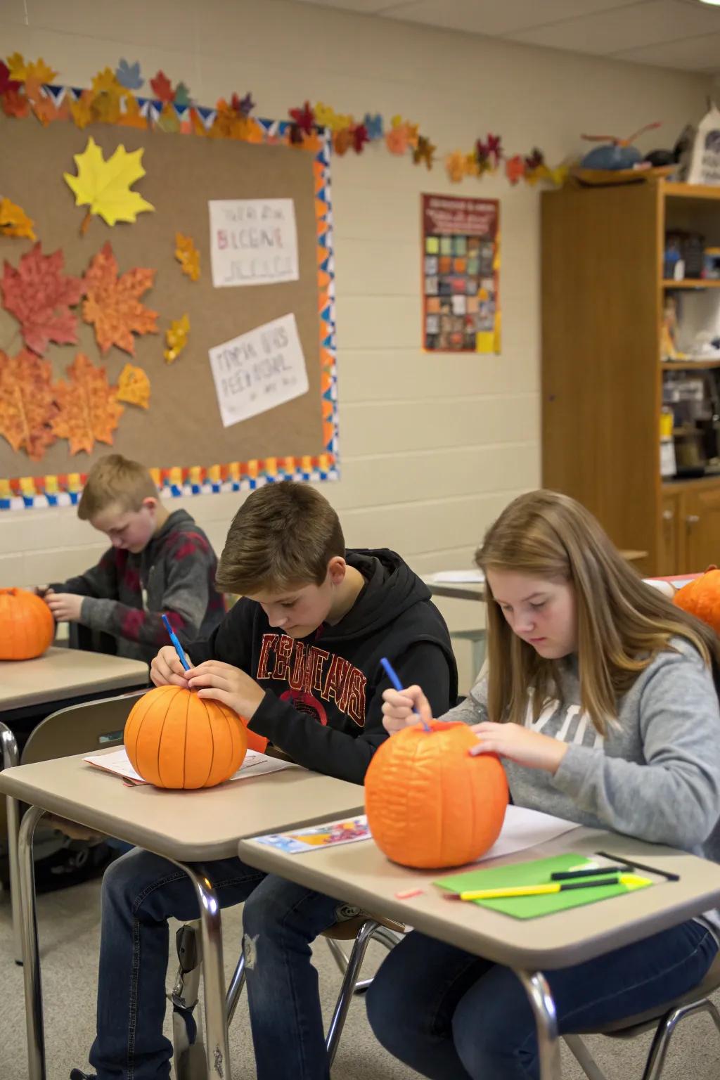 DIY paper pumpkins contribute a pleasurable and festive vibe to classroom desks.
