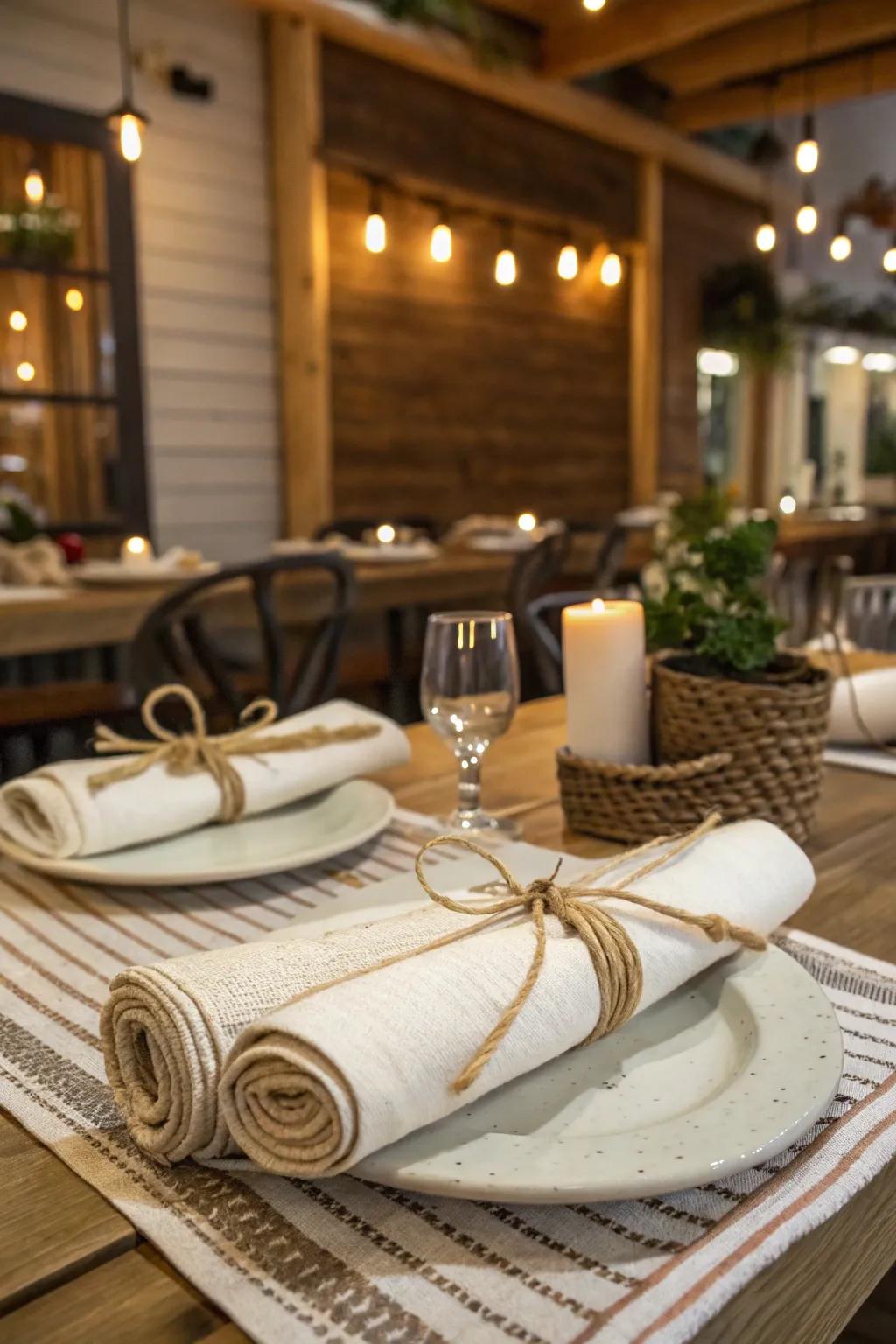 Twine-tied napkins provide a warm, rustic charm to your table.