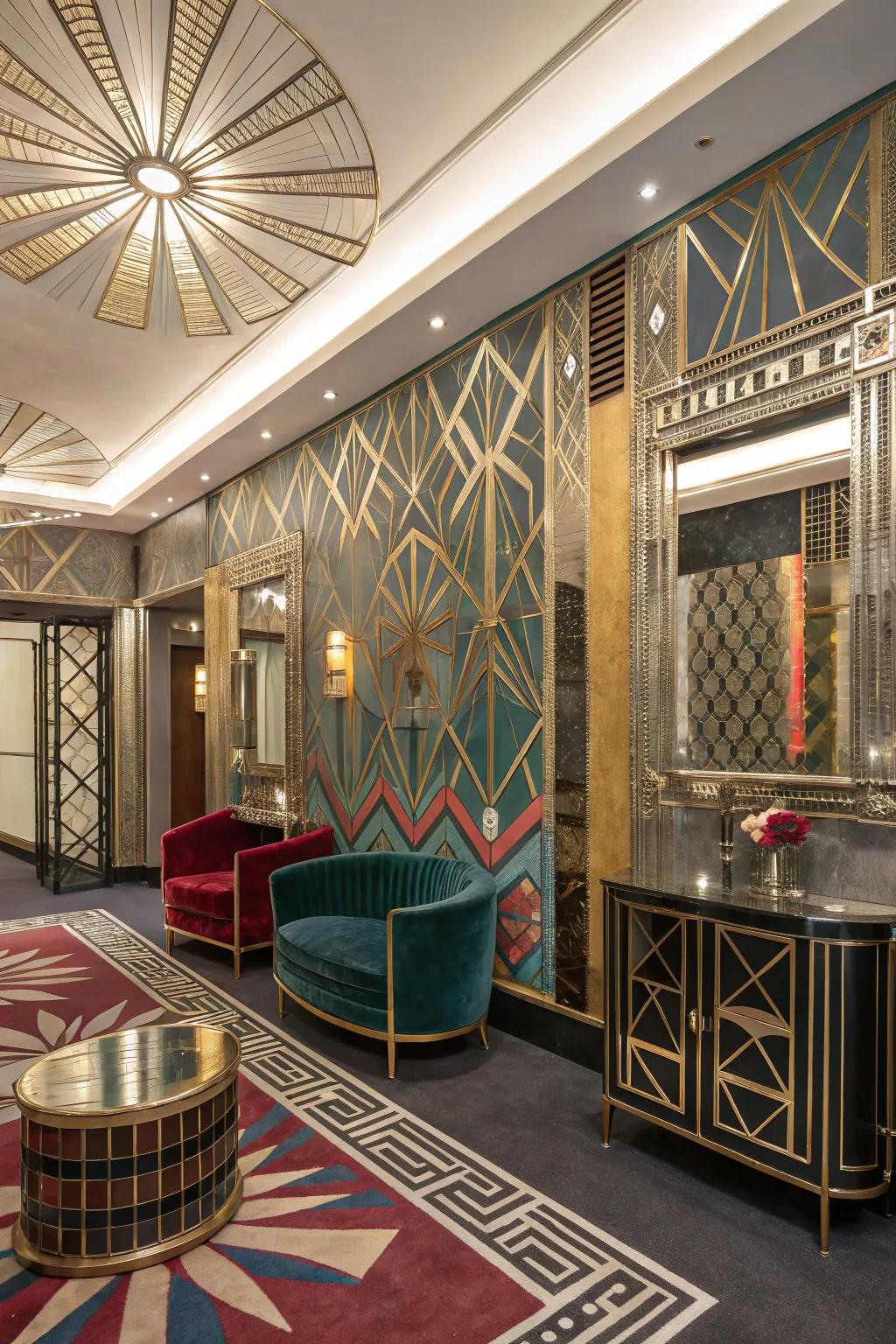 Art deco drama with bold patterns and luxurious accents.