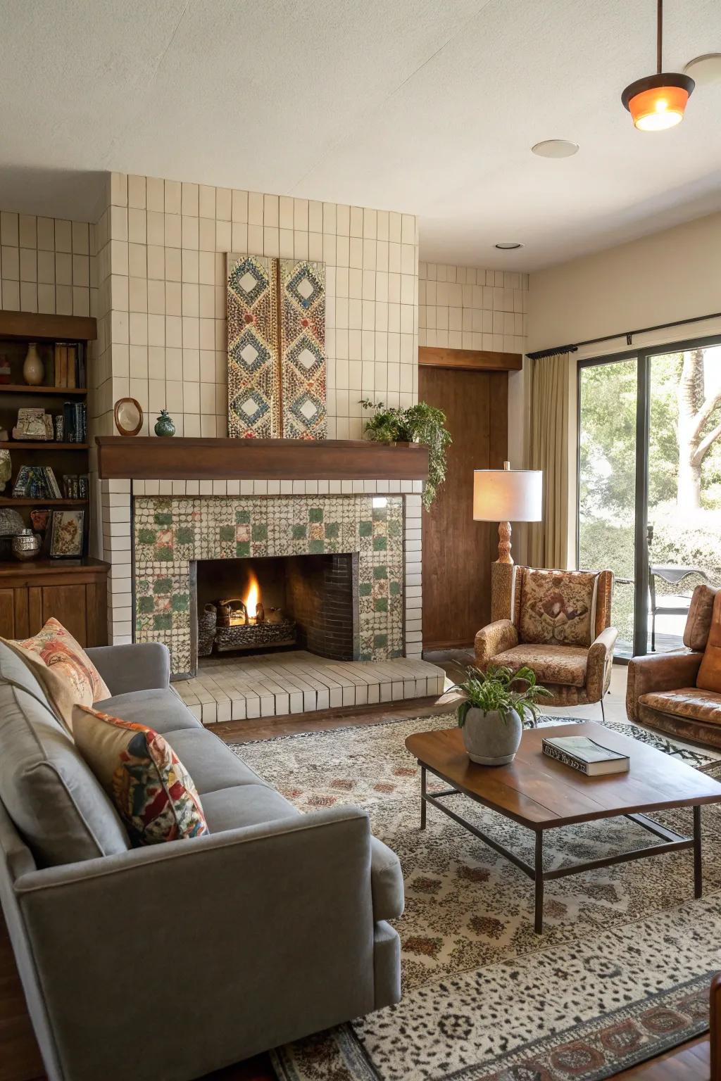 Retro tiles bring era modern magic to this stylish fireplace.