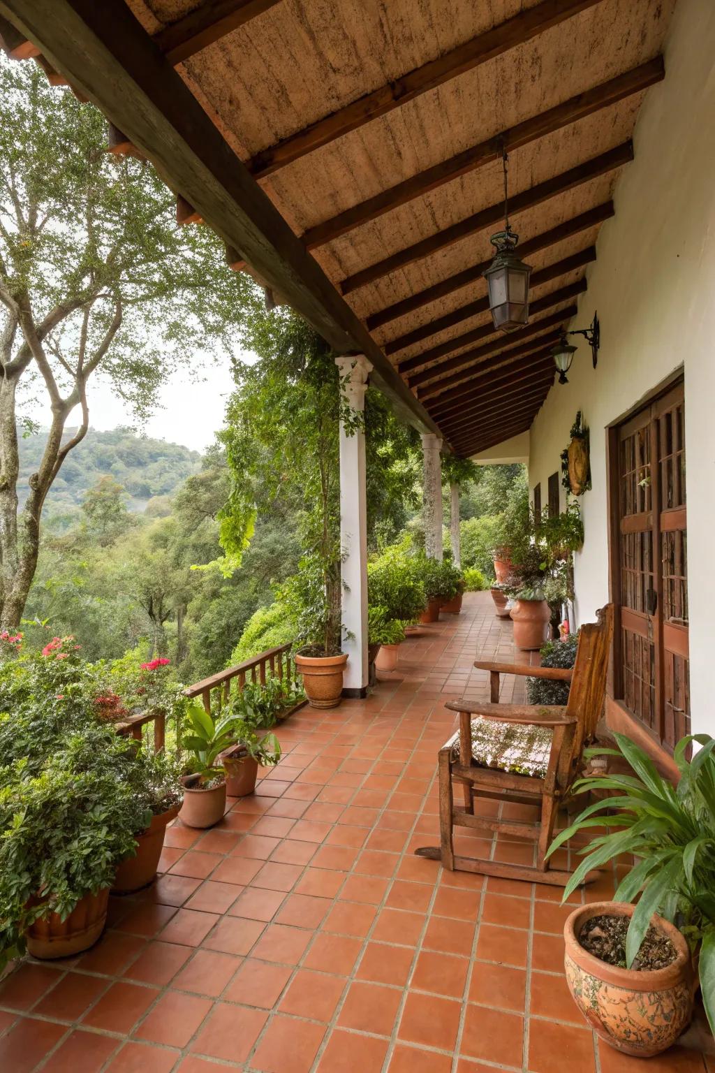 Terracotta tiles lend a warm, earthy charm to this porch.