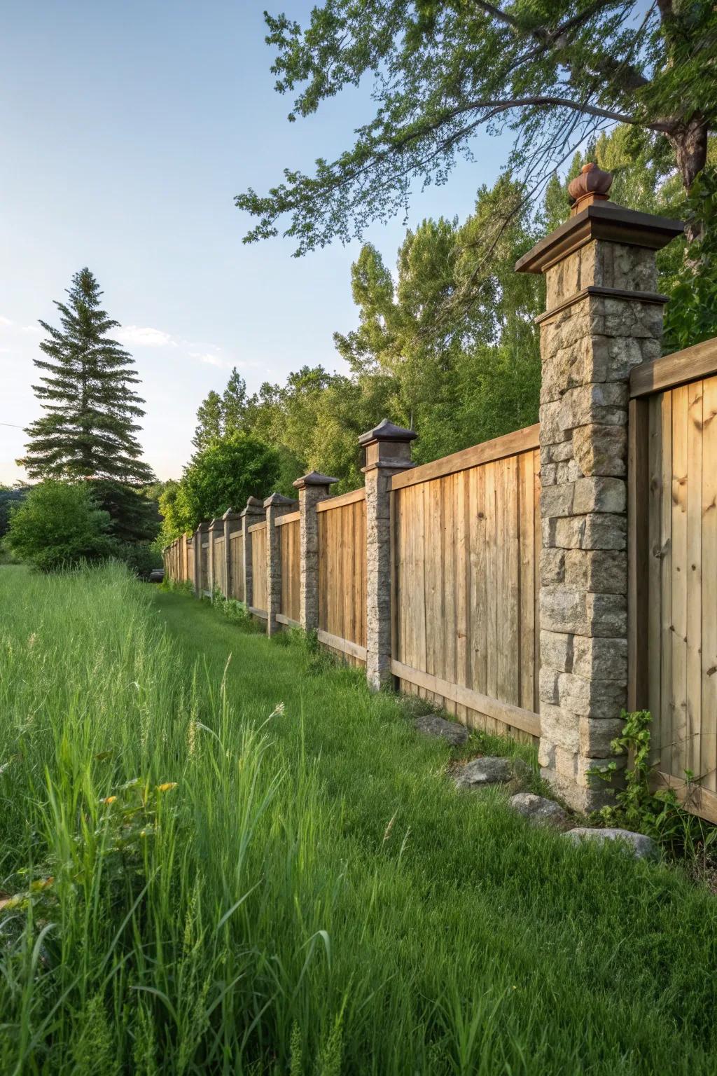 Combine wood with stone for a harmonious fence design.