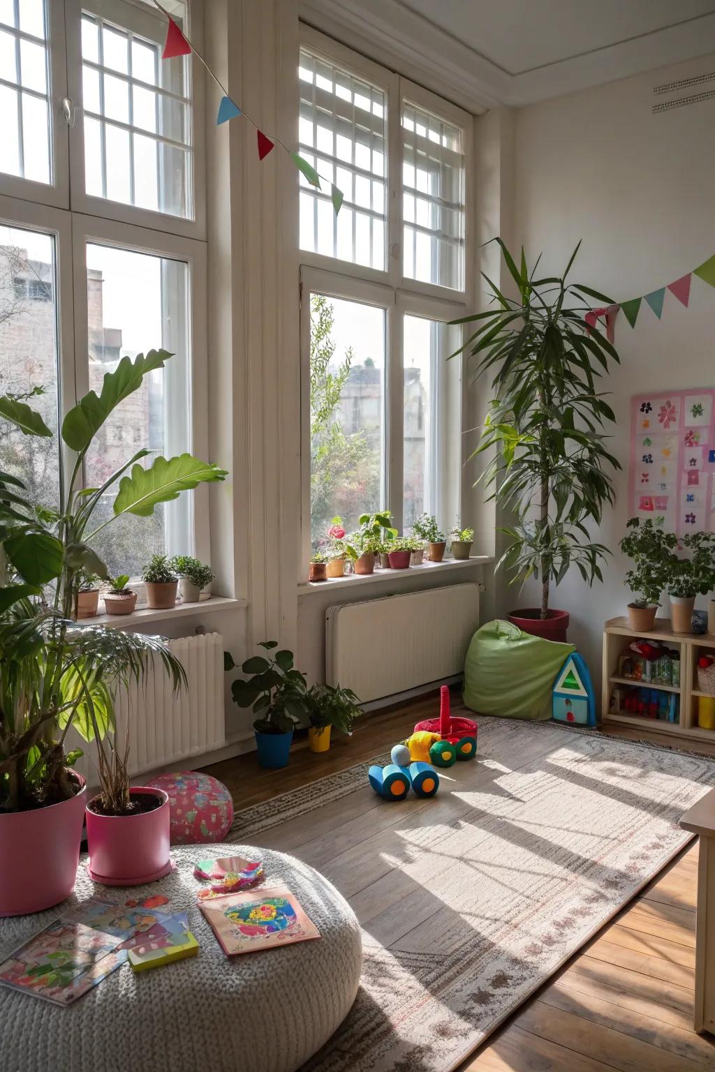 Natural light and plants create a serene and inviting playroom.