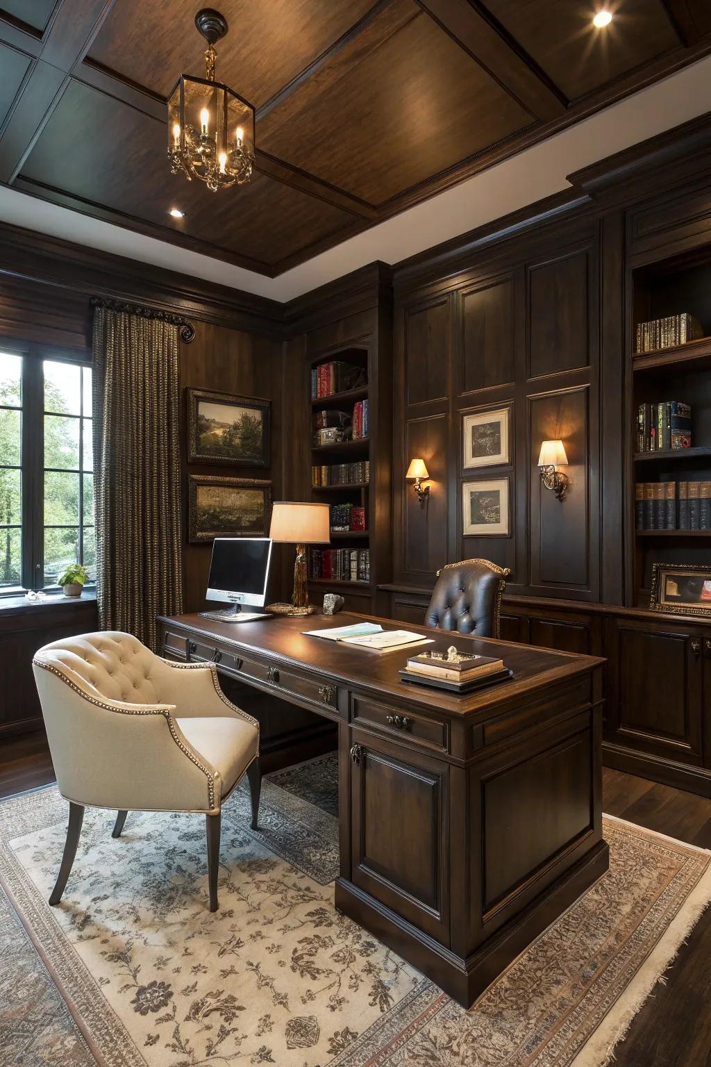 Dark-stained tongue and groove walls set a sophisticated office tone.