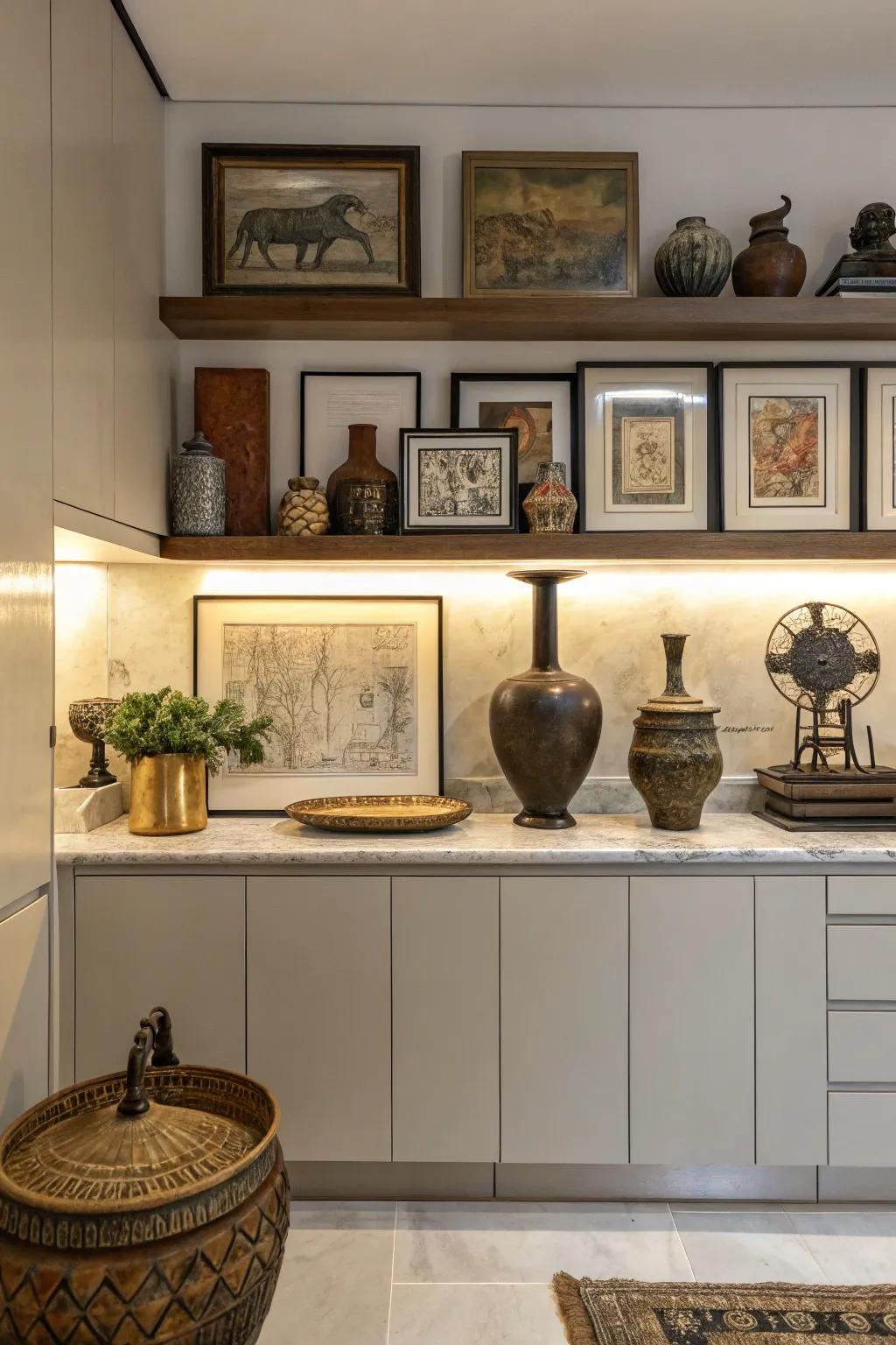 Embrace a varied style by using a combination of ornamental pieces above your cabinets.