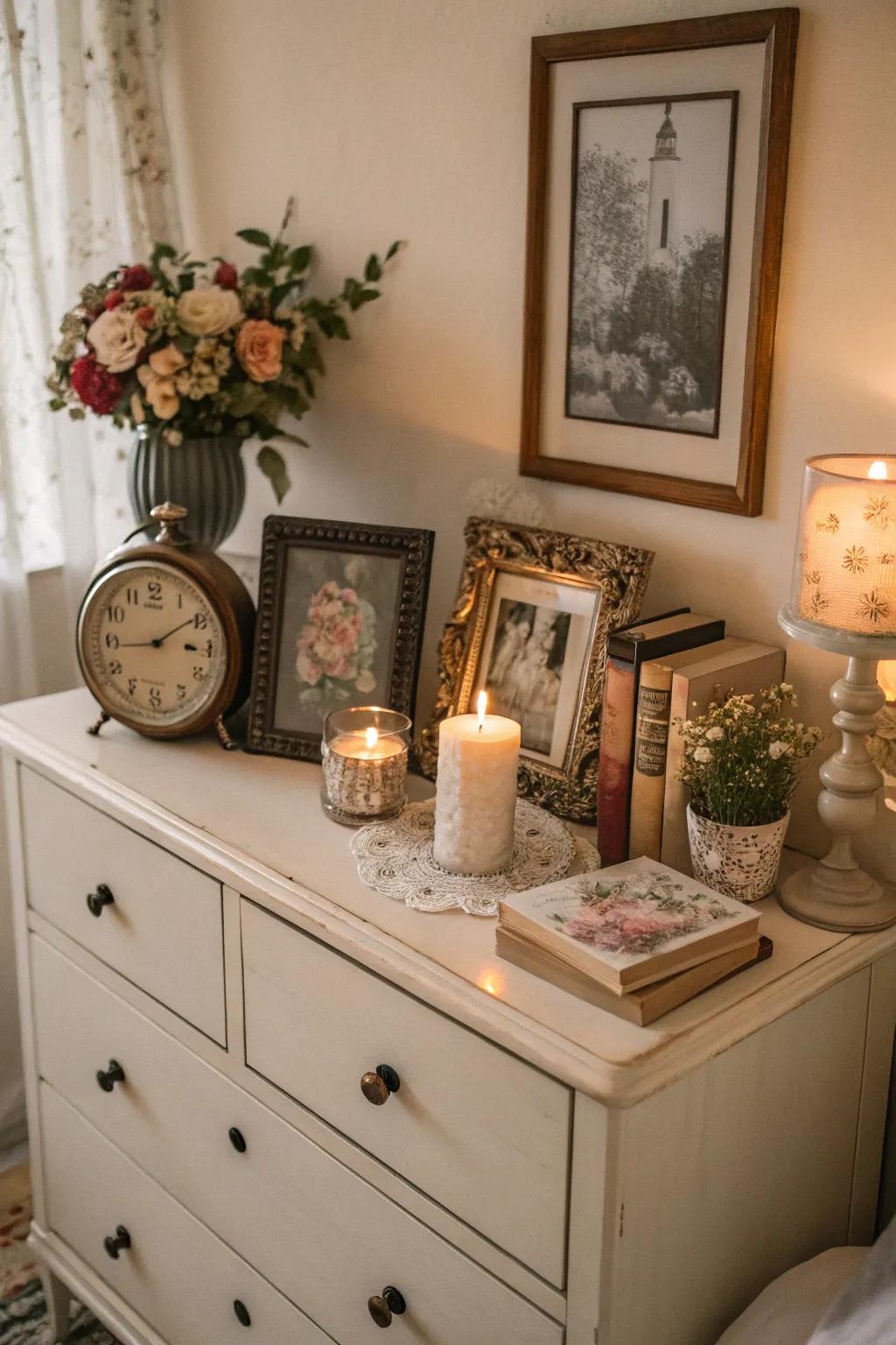 Vintage accents provide character and nostalgia to a dresser.