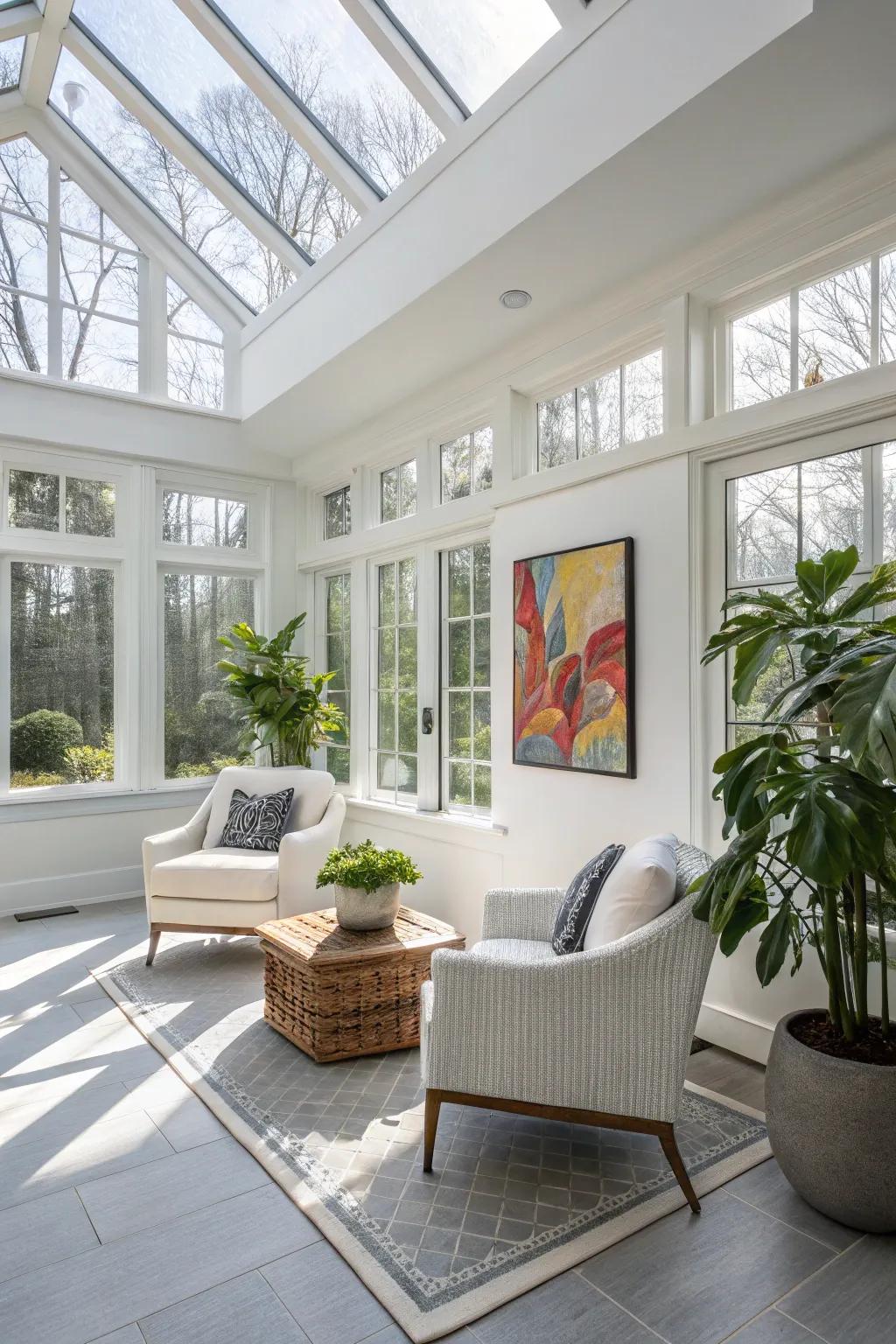Cool white walls in a sunroom providing a crisp and contemporary aesthetic.