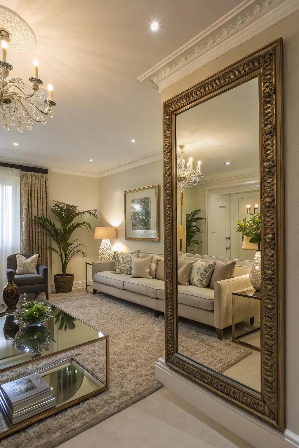 Living room showcasing a large ornamental looking glass