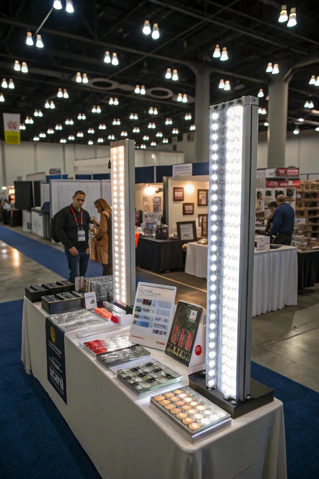 Movable light staves that offer adaptability and ease of setup for a well-lit booth.