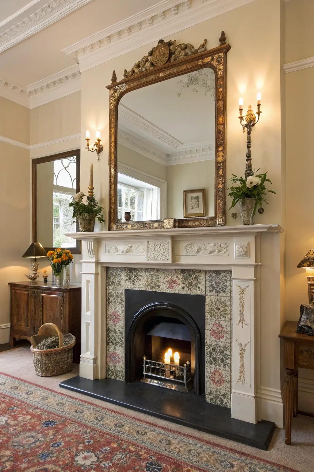 A large mirror above the mantel enhances room depth.