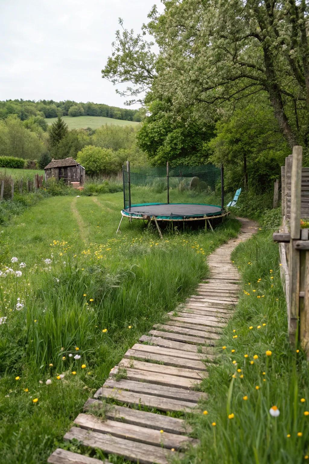 A rustic wooden pathway creating an inviting route to the bounce bed.