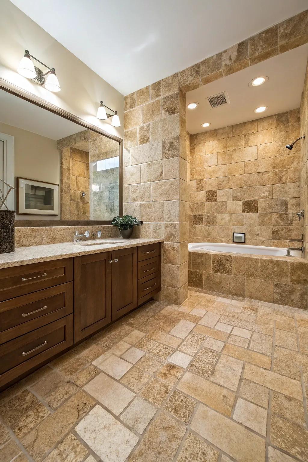 A bathroom showcasing a mix of textures through different travertine cuts.