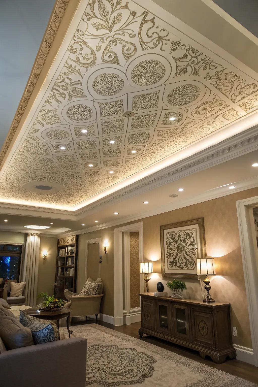 An artistic room with a tray ceiling featuring stenciled designs.