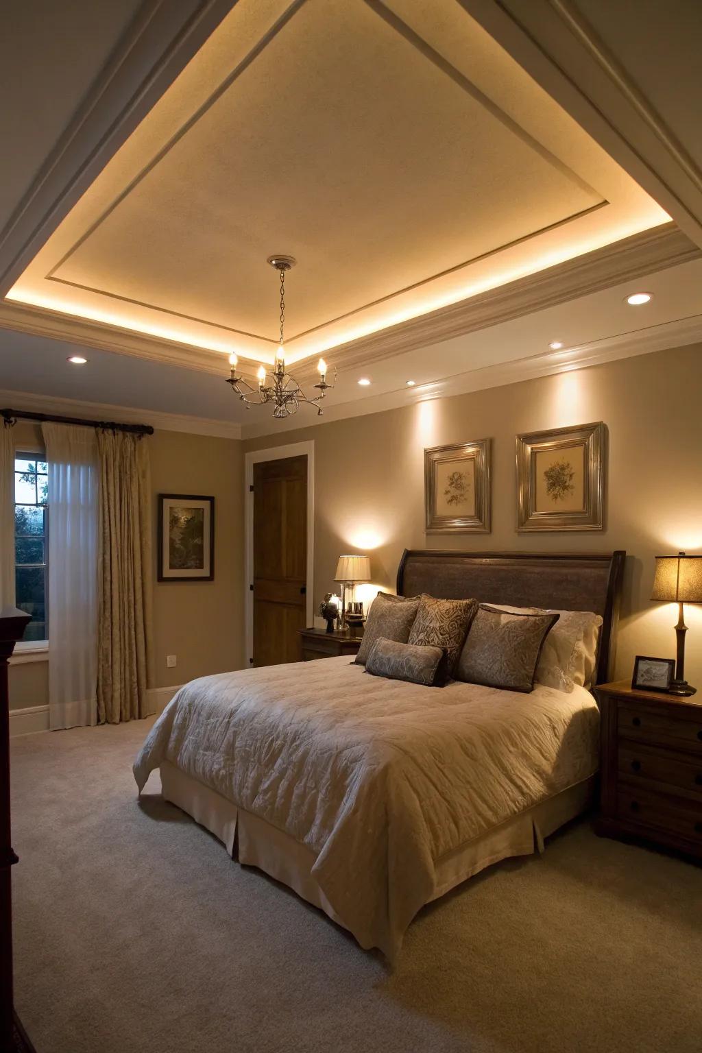 A serene bedroom with relaxing, adjustable lighting in the tray ceiling.