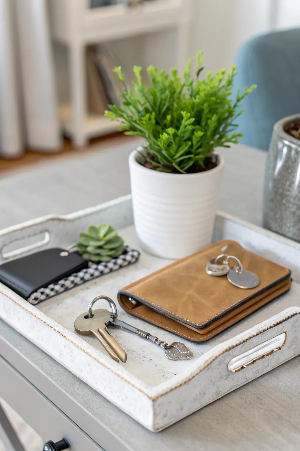 An organized entryway equipped with a practical catch-all tray.