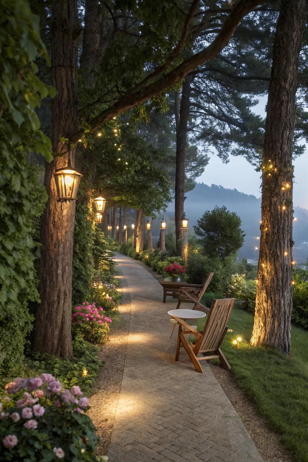 Tree lighting exquisitely enhances garden paths.