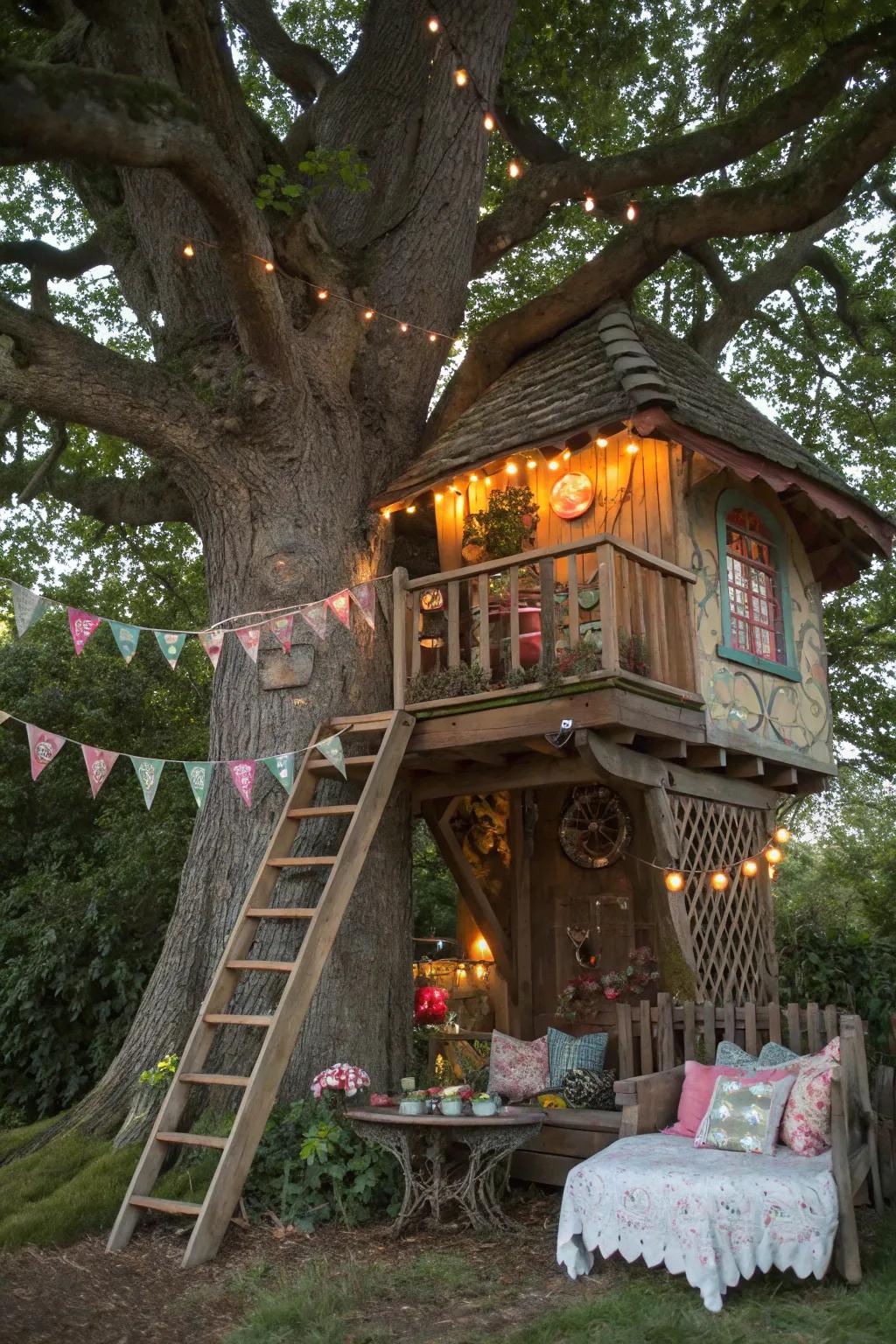 A themed treehouse with fairy tale elements, creating a storybook-esque environment.