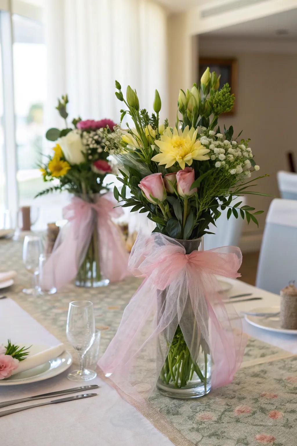 Enhance your floral arrangements with netting-wrapped vases.