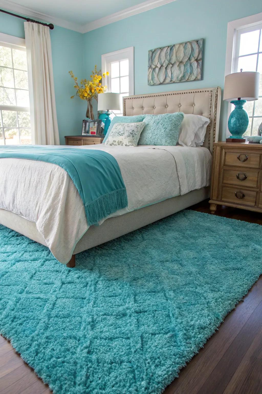 An aqua rug enhances the area’s design with a dash of shade.
