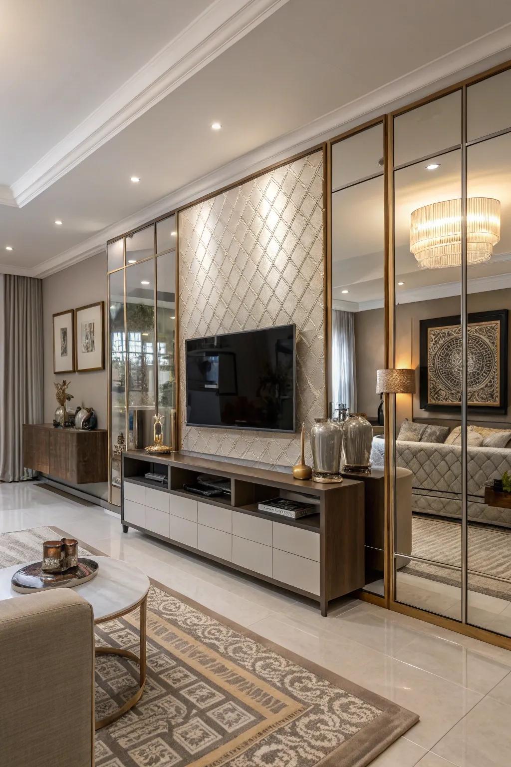 A TV wall utilizing mirrors for a reflective, modern look.
