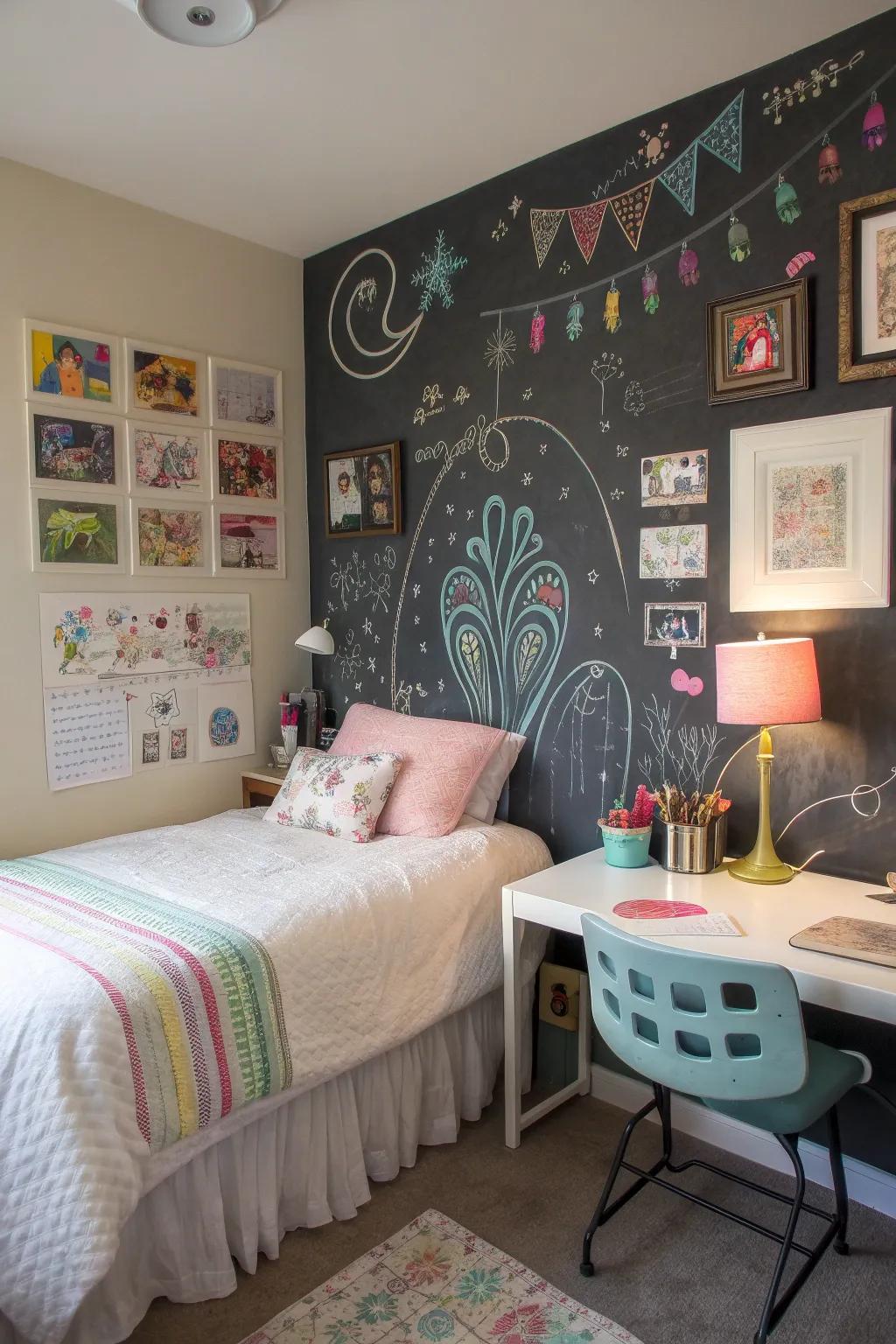 A chalkboard wall is a creative canvas, ideal for doodles and concepts. <strong><em>Doodle dreams!</em></strong>” loading=”lazy” class=”pimg”>
	</picture><figcaption>A chalkboard wall is a creative canvas, ideal for doodles and concepts. <strong><em>Doodle dreams!</em></strong></figcaption></figure>
<p>Affix a chalkboard wall for doodling or jotting down concepts, inspiring creativity. This is a delightful and practical feature that evolves with your child. <strong><em>Creative canvas!</em></strong></p>
<h3>Consider these options:</h3>
<ul class=