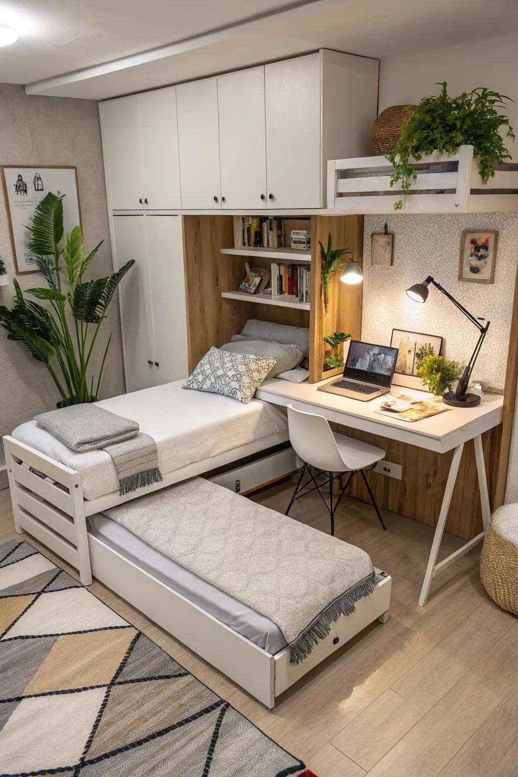 Multi-functional furniture increases efficiency in any twin bedroom.
