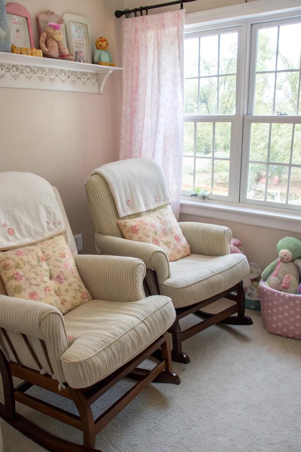 Paired relaxation chairs offer comfort and ease for soothing twins.